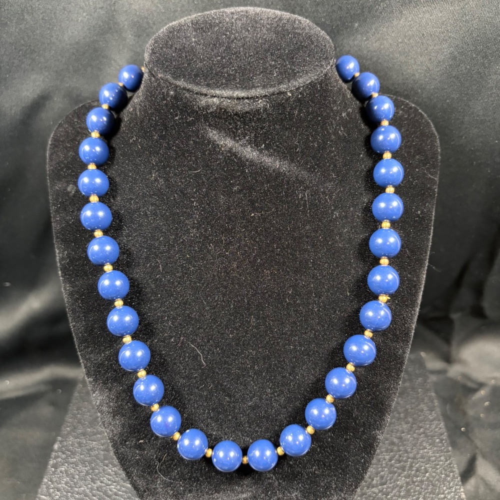 Vintage Genuine Lucite Cobalt Blue Bead Necklace Gold Spacers Made in USA 15.5in